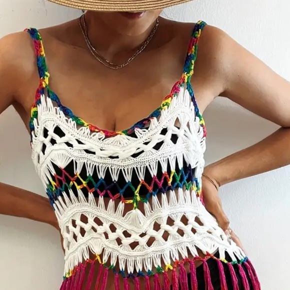 White Rainbow-Color Boho Tassel Beach Cover-Up Dress - Picture 7 of 11